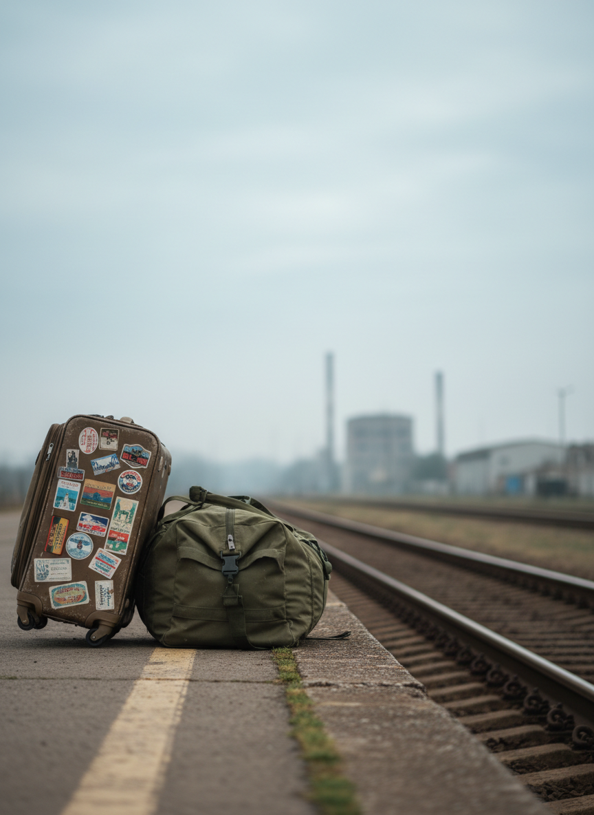 A lone, olive-green military duffel bag sits on the edge of a dusty train platform in Eastern Europe, beside a scuffed rolling suitcase covered in faded travel stickers from distant countries. Beyond the platform, rusted tracks stretch toward a hazy horizon, where low industrial buildings stand under an overcast sky. Diffused gray light softens the scene, creating gentle, muted shadows. Shot from a low angle with the bags in sharp focus and the tracks receding into a soft blur, the composition suggests the aftermath of war and the beginning of an exodus, evoking a somber yet quietly hopeful, cinematic travel narrative.